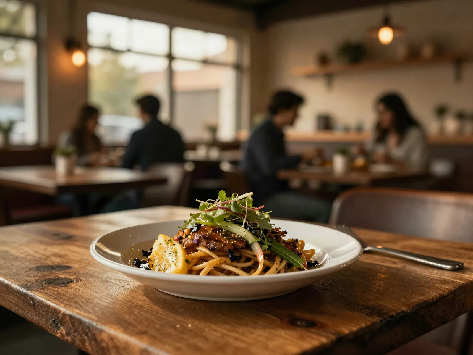 A plated dish on a wooden table in a warm, busy restaurant dining room