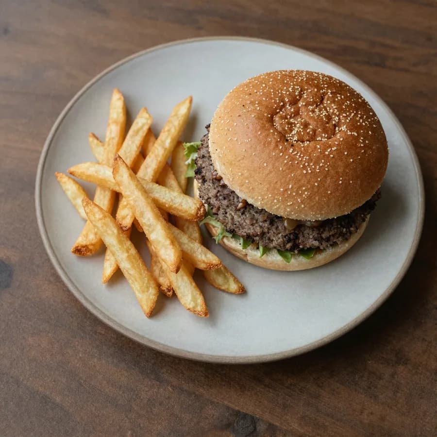 Overhead photo of a burger and fries on a ceramic plate