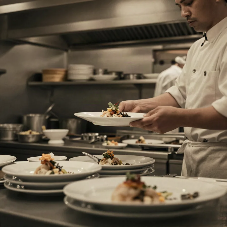 A chef plating dishes on a restaurant pass