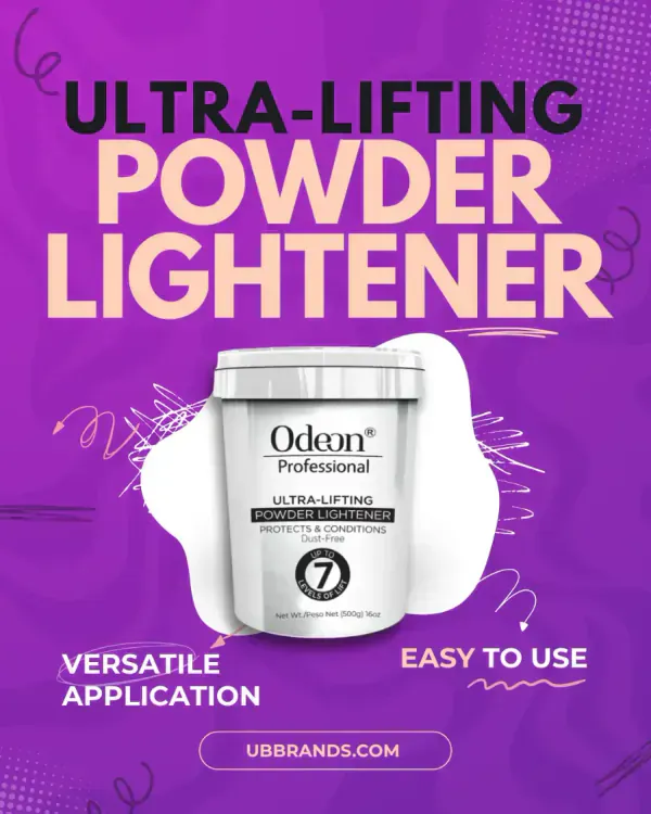 A tub of powder lightener on a purple graphic background