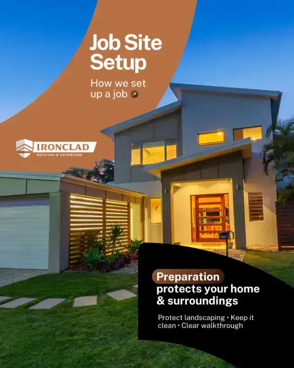 A modern house exterior with an overlay explaining job site preparation