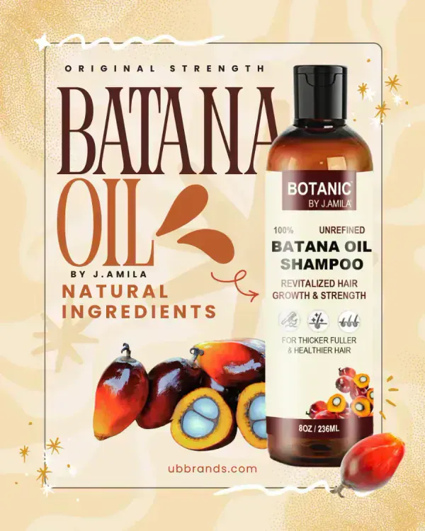 A bottle of batana oil shampoo with illustrated palm fruit