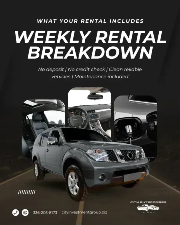 A grey SUV with interior detail shots and rental terms listed