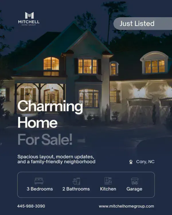 A listing graphic for a lit house at dusk with bedroom and bathroom counts
