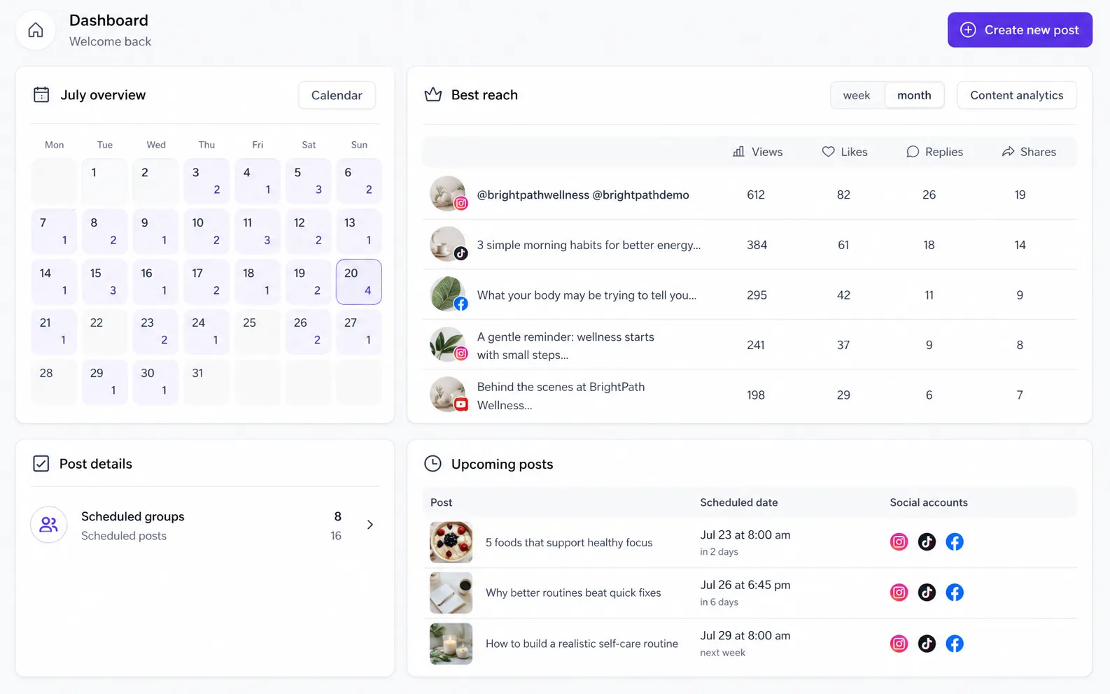 A dashboard showing a monthly posting calendar, best-performing posts, and upcoming scheduled posts