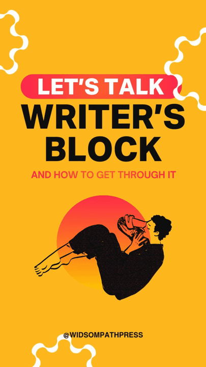 An illustrated graphic reading Let's talk writer's block