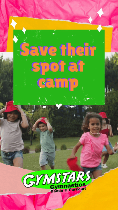 Children running at summer camp under a Save their spot at camp graphic