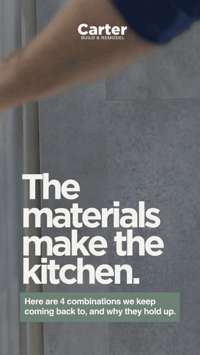 A kitchen worktop with the caption The materials make the kitchen