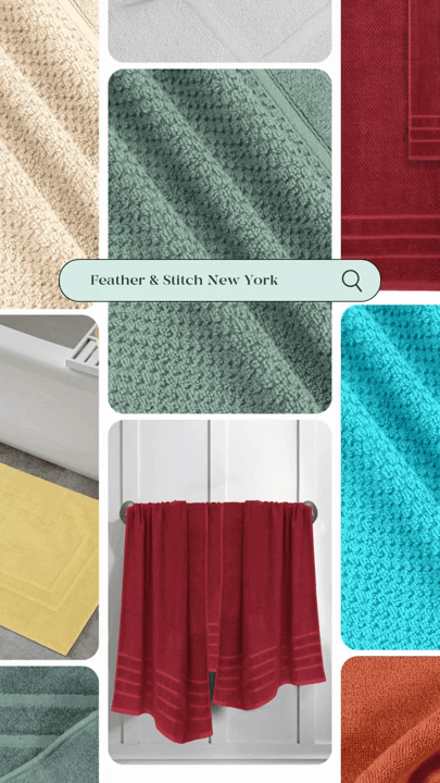 A grid of folded towels in several colours with a shop search bar