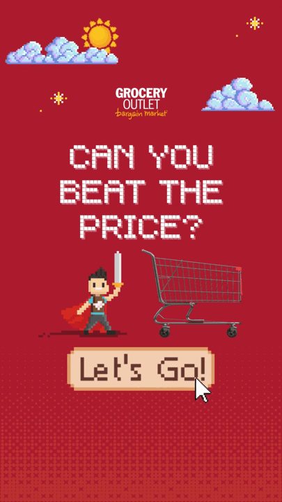 A pixel-art shopping cart graphic asking can you beat the price