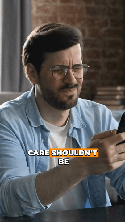 A man frowning at his phone under the words care shouldn't be
