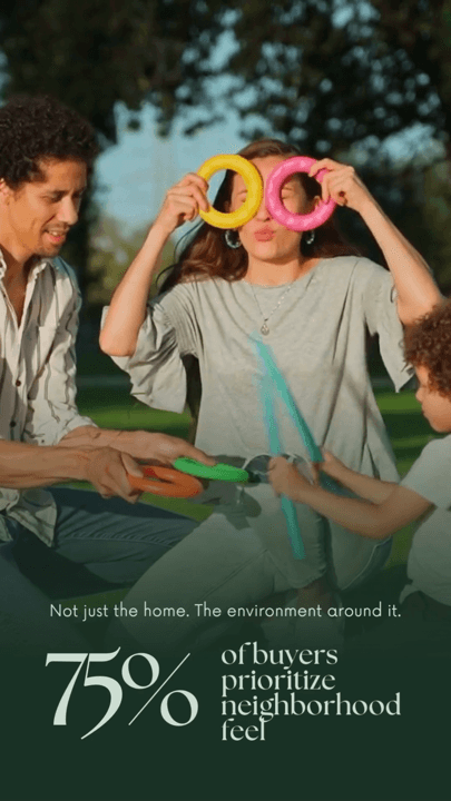 A family playing in a park with a statistic about buyers prioritising neighbourhood feel