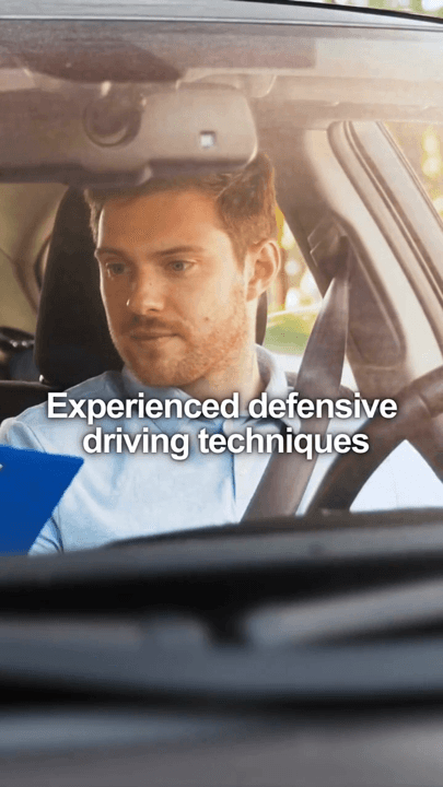 A learner at the wheel with a caption about defensive driving techniques