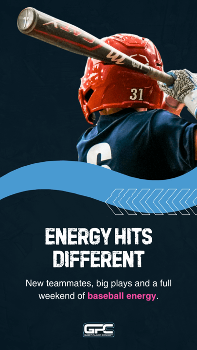 A baseball batter mid-swing under the words energy hits different