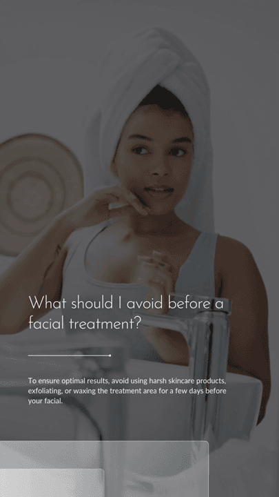 A client with a hair towel being told what to avoid before a facial