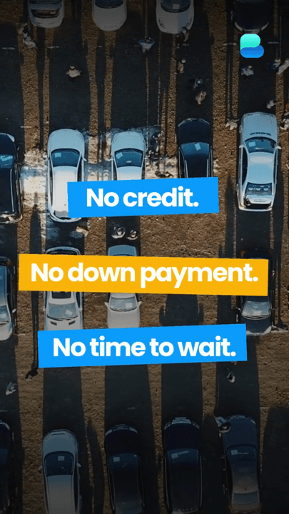 An aerial view of a dealership forecourt listing no credit and no down payment