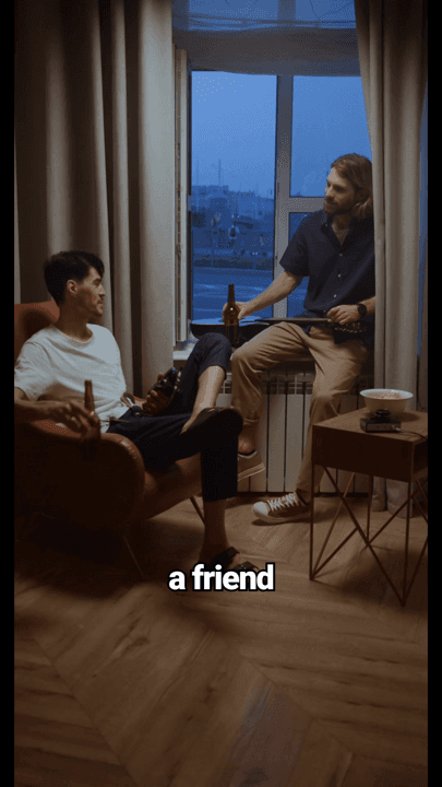 Two people talking in a finished apartment interior at dusk